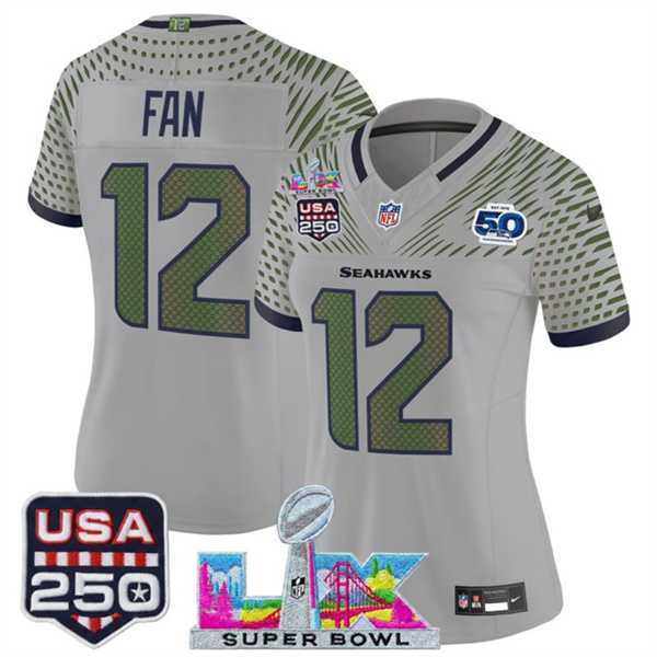 Women's Seattle Seahawks #12 Fan Gray 2025 F.U.S.E. Super Bowl LX & US 250th anniversary Patch And 50th Season Patch Rivalries Vapor Limited Stitched Jersey,We sell and wholesale Women's Seattle Seahawks #12 Fan Gray 2025 F.U.S.E. Super Bowl LX & US 250th anniversary Patch And 50th Season Patch Rivalries Vapor Limited Stitched Jersey on line form chian!