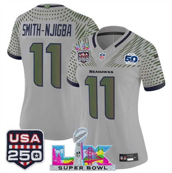 Women's Seattle Seahawks #11 Jaxon Smith-Njigba Gray 2025 F.U.S.E. Super Bowl LX & US 250th anniversary Patch And 50th Season Patch Rivalries Vapor Limited Stitched Jersey,We sell and wholesale Women's Seattle Seahawks #11 Jaxon Smith-Njigba Gray 2025 F.U.S.E. Super Bowl LX & US 250th anniversary Patch And 50th Season Patch Rivalries Vapor Limited Stitched Jersey on line form chian!