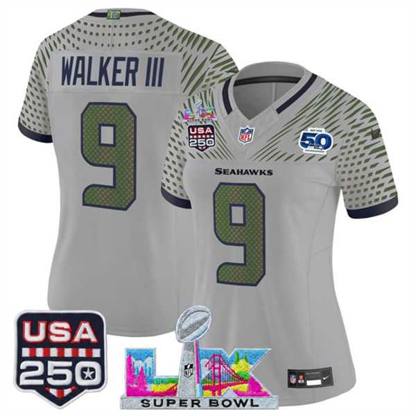 Women's Seattle Seahawks #9 Kenneth Walker III Gray 2025 F.U.S.E. Super Bowl LX & US 250th anniversary Patch And 50th Season Patch Rivalries Vapor Limited Stitched Jersey,We sell and wholesale Women's Seattle Seahawks #9 Kenneth Walker III Gray 2025 F.U.S.E. Super Bowl LX & US 250th anniversary Patch And 50th Season Patch Rivalries Vapor Limited Stitched Jersey on line form chian!