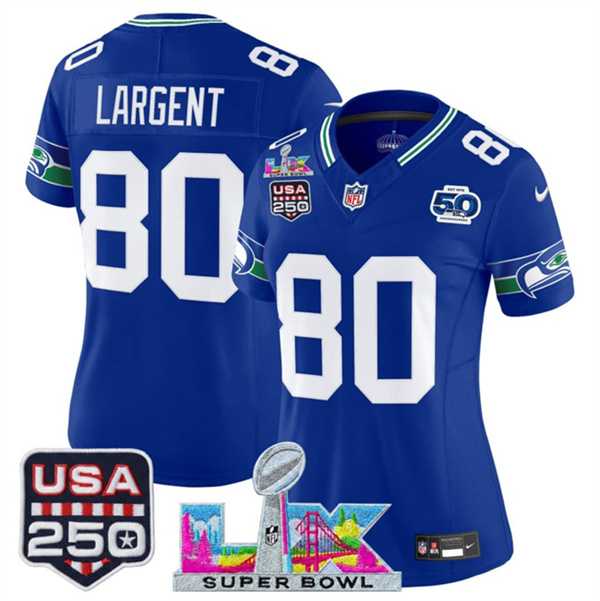 Women's Seattle Seahawks #80 Steve Largent Royal 2025 F.U.S.E. Super Bowl LX Patch And 50th Season & USA 250' Patch Vapor Throwback Limited Stitched Je,We sell and wholesale Women's Seattle Seahawks #80 Steve Largent Royal 2025 F.U.S.E. Super Bowl LX Patch And 50th Season & USA 250' Patch Vapor Throwback Limited Stitched Je on line form chian!