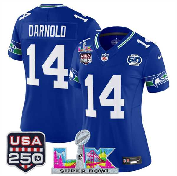 Women's Seattle Seahawks #14 Sam Darnold Royal 2025 F.U.S.E. Super Bowl LX Patch And 50th Season & USA 250' Patch Vapor Throwback Limited Stitched Jersey,We sell and wholesale Women's Seattle Seahawks #14 Sam Darnold Royal 2025 F.U.S.E. Super Bowl LX Patch And 50th Season & USA 250' Patch Vapor Throwback Limited Stitched Jersey on line form chian!
