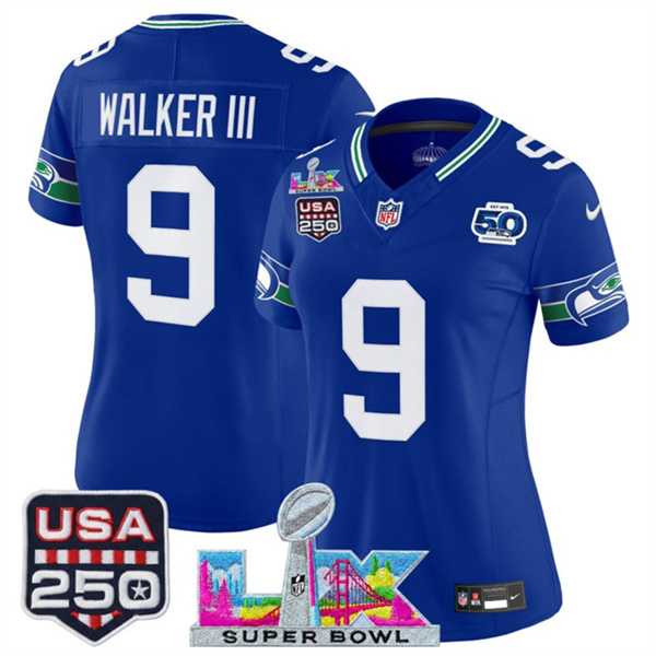 Women's Seattle Seahawks #9 Kenneth Walker III Royal 2025 F.U.S.E. Super Bowl LX Patch And 50th Season & USA 250' Patch Vapor Throwback Limited Stitched Jersey,We sell and wholesale Women's Seattle Seahawks #9 Kenneth Walker III Royal 2025 F.U.S.E. Super Bowl LX Patch And 50th Season & USA 250' Patch Vapor Throwback Limited Stitched Jersey on line form chian!