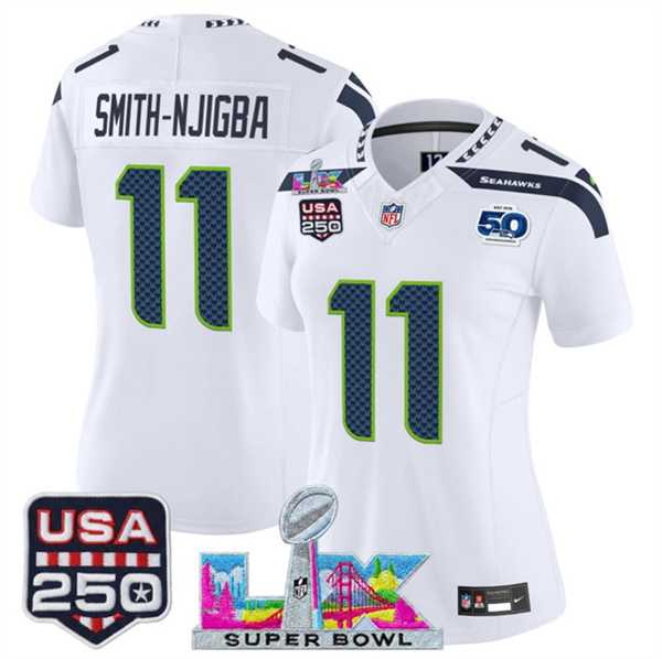 Women's Seattle Seahawks #11 Jaxon Smith-Njigba White 2025 F.U.S.E. Super Bowl LX Patch And 50th Season & USA 250' Patch Vapor Limited Stitched Jersey,We sell and wholesale Women's Seattle Seahawks #11 Jaxon Smith-Njigba White 2025 F.U.S.E. Super Bowl LX Patch And 50th Season & USA 250' Patch Vapor Limited Stitched Jersey on line form chian!