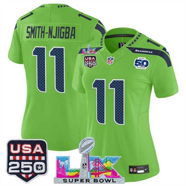 Women's Seattle Seahawks #11 Jaxon Smith-Njigba Green 2025 F.U.S.E. Super Bowl LX Patch And 50th Season & USA 250' Patch Vapor Limited Stitched Jersey,We sell and wholesale Women's Seattle Seahawks #11 Jaxon Smith-Njigba Green 2025 F.U.S.E. Super Bowl LX Patch And 50th Season & USA 250' Patch Vapor Limited Stitched Jersey on line form chian!