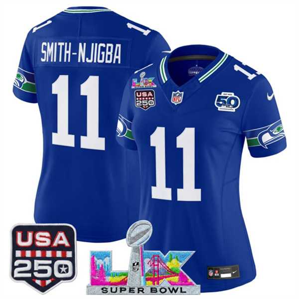 Women's Seattle Seahawks #11 Jaxon Smith-Njigba Royal 2025 F.U.S.E. Super Bowl LX Patch And 50th Season & USA 250' Patch Vapor Throwback Limited Stitched Jersey,We sell and wholesale Women's Seattle Seahawks #11 Jaxon Smith-Njigba Royal 2025 F.U.S.E. Super Bowl LX Patch And 50th Season & USA 250' Patch Vapor Throwback Limited Stitched Jersey on line form chian!