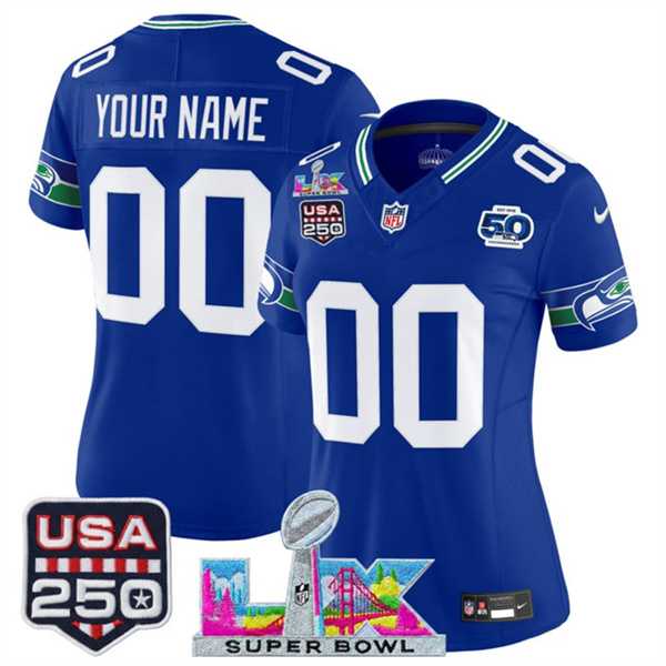 Women's Seattle Seahawks Active Player Custom Royal 2025 F.U.S.E. Super Bowl LX Patch And 50th Season & USA 250' Patch Vapor Throwback Limited Stitched Jersey,We sell and wholesale Women's Seattle Seahawks Active Player Custom Royal 2025 F.U.S.E. Super Bowl LX Patch And 50th Season & USA 250' Patch Vapor Throwback Limited Stitched Jersey on line form chian!