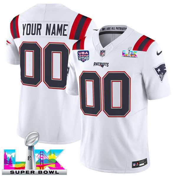 Men's New England Patriots Active Player Custom White 2025 F.U.S.E. Super Bowl LX & USA 250' Patch Vapor Limited Stitched Jersey,We sell and wholesale Men's New England Patriots Active Player Custom White 2025 F.U.S.E. Super Bowl LX & USA 250' Patch Vapor Limited Stitched Jersey on line form chian!