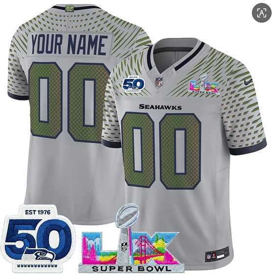 Men's Seattle Seahawks Active Player Custom Gray 2025 F.U.S.E. Super Bowl LX Patch And 50th Season Patch 'Rivalries' Vapor Limited Stitched Jersey,We sell and wholesale Men's Seattle Seahawks Active Player Custom Gray 2025 F.U.S.E. Super Bowl LX Patch And 50th Season Patch 'Rivalries' Vapor Limited Stitched Jersey on line form chian!