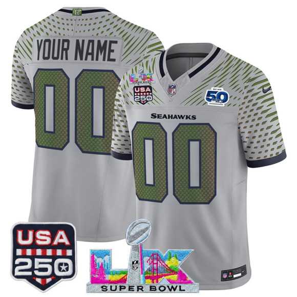 Men's Seattle Seahawks Active Player Custom Gray 2025 F.U.S.E. Super Bowl LX & US 250th anniversary Patch And 50th Season Patch 'Rivalries' Vapor Limited Stitched Jersey,We sell and wholesale Men's Seattle Seahawks Active Player Custom Gray 2025 F.U.S.E. Super Bowl LX & US 250th anniversary Patch And 50th Season Patch 'Rivalries' Vapor Limited Stitched Jersey on line form chian!