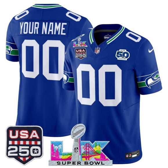 Men's Seattle Seahawks Active Player Custom Royal 2025 F.U.S.E. Super Bowl LX & US 250th anniversary Patch And 50th Season Patch Vapor Throwback Limited Stitched Jersey,We sell and wholesale Men's Seattle Seahawks Active Player Custom Royal 2025 F.U.S.E. Super Bowl LX & US 250th anniversary Patch And 50th Season Patch Vapor Throwback Limited Stitched Jersey on line form chian!