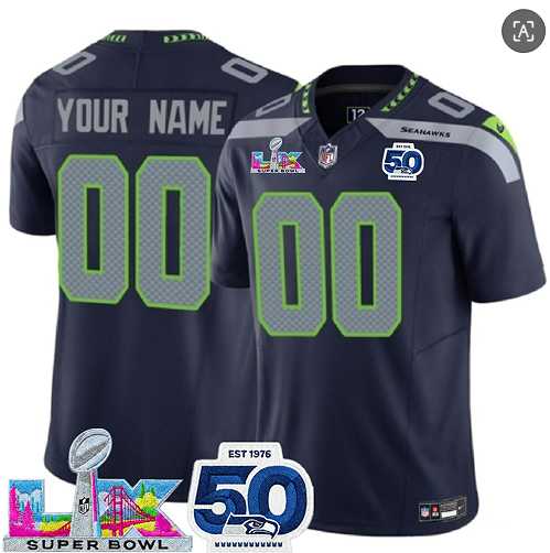 Men's Seattle Seahawks Active Player Custom Navy 2025 F.U.S.E. Super Bowl LX Patch And 50th Season Patch Vapor Limited Stitched Jersey,We sell and wholesale Men's Seattle Seahawks Active Player Custom Navy 2025 F.U.S.E. Super Bowl LX Patch And 50th Season Patch Vapor Limited Stitched Jersey on line form chian!