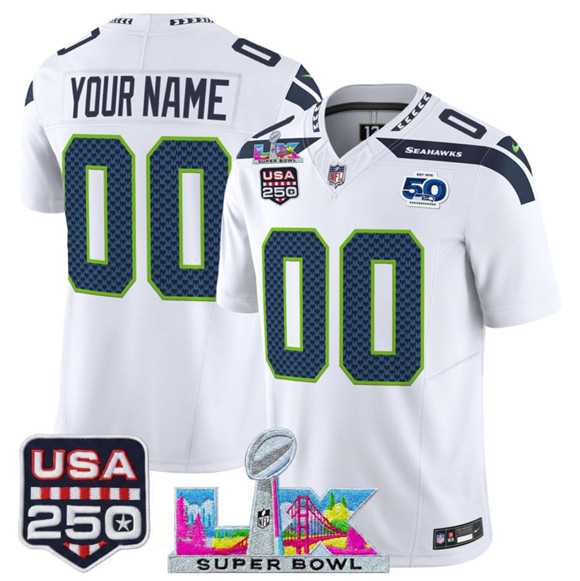 Men's Seattle Seahawks Active Player Custom White 2025 F.U.S.E. Super Bowl LX & US 250th anniversary Patch And 50th Season Patch Vapor Limited Stitched Jersey,We sell and wholesale Men's Seattle Seahawks Active Player Custom White 2025 F.U.S.E. Super Bowl LX & US 250th anniversary Patch And 50th Season Patch Vapor Limited Stitched Jersey on line form chian!