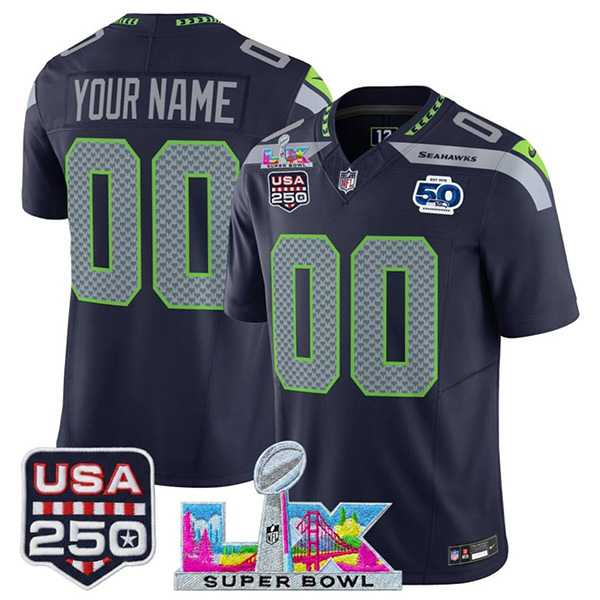 Men's Seattle Seahawks Active Player Custom Navy 2025 F.U.S.E. Super Bowl LX Patch 50th Season & USA 250' Patch Vapor Limited Stitched Jersey,We sell and wholesale Men's Seattle Seahawks Active Player Custom Navy 2025 F.U.S.E. Super Bowl LX Patch 50th Season & USA 250' Patch Vapor Limited Stitched Jersey on line form chian!
