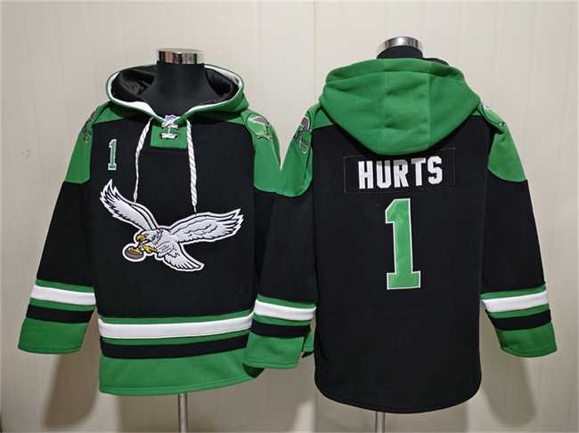 Men's Philadelphia Eagles #1 Jalen Hurts Black Ageless Must-Have Lace-Up Pullover Hoodie,We sell and wholesale Men's Philadelphia Eagles #1 Jalen Hurts Black Ageless Must-Have Lace-Up Pullover Hoodie on line form chian!
