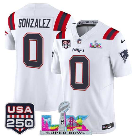 Men's New England Patriots #0 Christian Gonzalez White 2025 F.U.S.E. Super Bowl LX Patch And USA 250' Patch Vapor Limited Stitched Jersey,We sell and wholesale Men's New England Patriots #0 Christian Gonzalez White 2025 F.U.S.E. Super Bowl LX Patch And USA 250' Patch Vapor Limited Stitched Jersey on line form chian!