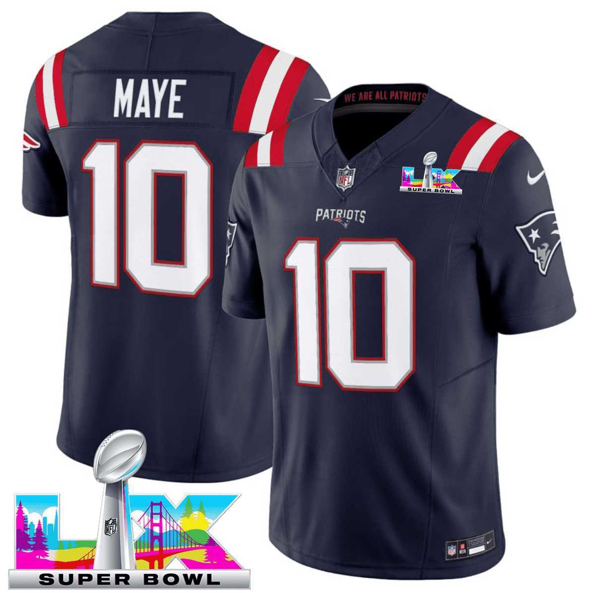 Men's New England Patriots #10 Drake Maye Navy 2025 F.U.S.E. Super Bowl LX Patch Vapor Limited Stitched Jersey,We sell and wholesale Men's New England Patriots #10 Drake Maye Navy 2025 F.U.S.E. Super Bowl LX Patch Vapor Limited Stitched Jersey on line form chian!
