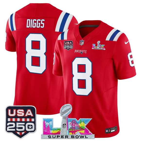 Men's New England Patriots #8 Stefon Diggs Red 2025 F.U.S.E. Super Bowl LX Patch And USA 250' Patch Vapor Limited Stitched Jersey,We sell and wholesale Men's New England Patriots #8 Stefon Diggs Red 2025 F.U.S.E. Super Bowl LX Patch And USA 250' Patch Vapor Limited Stitched Jersey on line form chian!