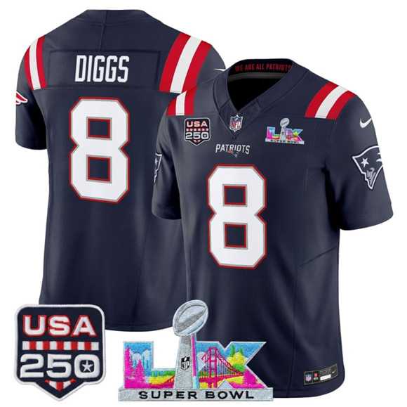 Men's New England Patriots #8 Stefon Diggs Navy 2025 F.U.S.E. Super Bowl LX Patch And USA 250' Patch Vapor Limited Stitched Jersey,We sell and wholesale Men's New England Patriots #8 Stefon Diggs Navy 2025 F.U.S.E. Super Bowl LX Patch And USA 250' Patch Vapor Limited Stitched Jersey on line form chian!