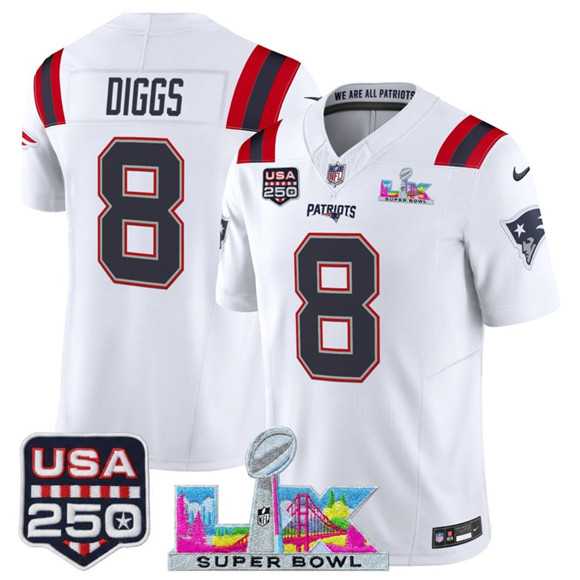 Men's New England Patriots #8 Stefon Diggs White 2025 F.U.S.E. Super Bowl LX Patch And USA 250' Patch Vapor Limited Stitched Jersey,We sell and wholesale Men's New England Patriots #8 Stefon Diggs White 2025 F.U.S.E. Super Bowl LX Patch And USA 250' Patch Vapor Limited Stitched Jersey on line form chian!