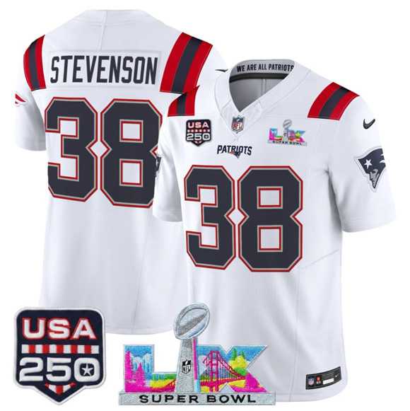 Men's New England Patriots #38 Rhamondre Stevenson White 2025 F.U.S.E. Super Bowl LX Patch And USA 250' Patch Vapor Limited Stitched Jersey,We sell and wholesale Men's New England Patriots #38 Rhamondre Stevenson White 2025 F.U.S.E. Super Bowl LX Patch And USA 250' Patch Vapor Limited Stitched Jersey on line form chian!