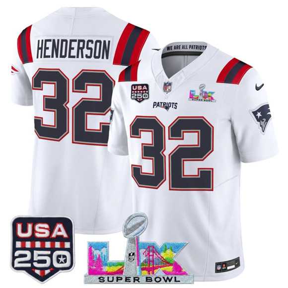 Men's New England Patriots #32 TreVeyon Henderson White 2025 F.U.S.E. Super Bowl LX Patch And USA 250' Patch Vapor Limited Stitched Jersey,We sell and wholesale Men's New England Patriots #32 TreVeyon Henderson White 2025 F.U.S.E. Super Bowl LX Patch And USA 250' Patch Vapor Limited Stitched Jersey on line form chian!