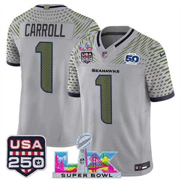 Men's Seattle Seahawks #1 Pete Carroll Gray 2025 F.U.S.E. Super Bowl LX & US 250th anniversary Patch And 50th Season Patch 'Rivalries' Vapor Limited Stitched Jersey,We sell and wholesale Men's Seattle Seahawks #1 Pete Carroll Gray 2025 F.U.S.E. Super Bowl LX & US 250th anniversary Patch And 50th Season Patch 'Rivalries' Vapor Limited Stitched Jersey on line form chian!
