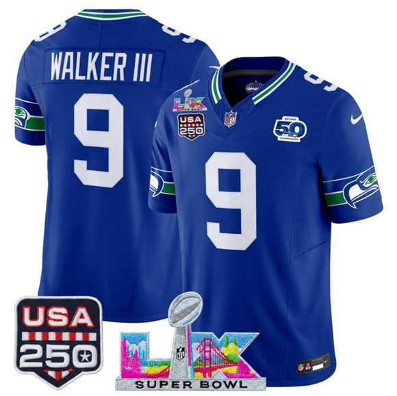 Men's Seattle Seahawks #9 Kenneth Walker III Royal 2025 F.U.S.E. Super Bowl LX Patch And 50th Season & USA 250' Patch Vapor Throwback Limited Stitched Jersey,We sell and wholesale Men's Seattle Seahawks #9 Kenneth Walker III Royal 2025 F.U.S.E. Super Bowl LX Patch And 50th Season & USA 250' Patch Vapor Throwback Limited Stitched Jersey on line form chian!