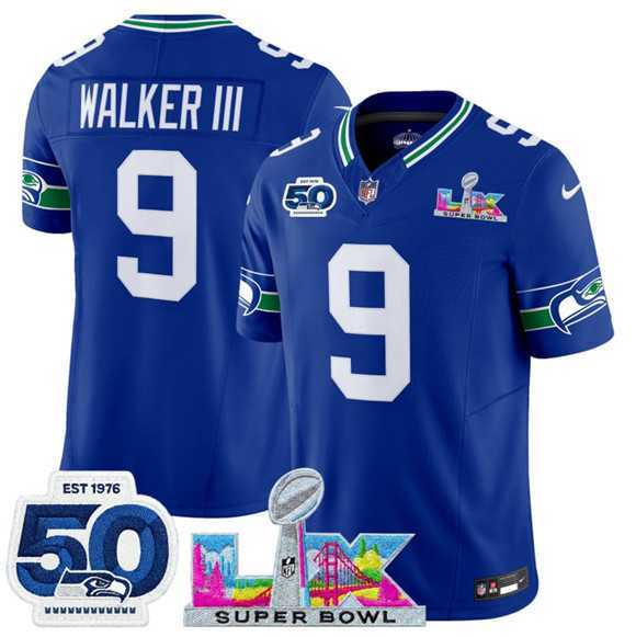 Men's Seattle Seahawks #9 Kenneth Walker III Royal 2025 F.U.S.E. Super Bowl LX Patch And 50th Season Patch Vapor Throwback Limited Stitched Jersey,We sell and wholesale Men's Seattle Seahawks #9 Kenneth Walker III Royal 2025 F.U.S.E. Super Bowl LX Patch And 50th Season Patch Vapor Throwback Limited Stitched Jersey on line form chian!
