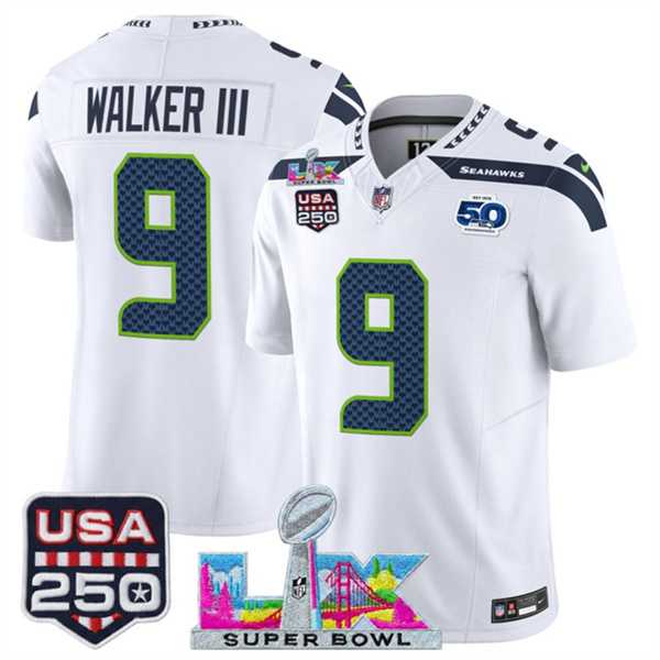 Men's Seattle Seahawks #9 Kenneth Walker III White 2025 F.U.S.E. Super Bowl LX Patch And 50th Season & USA 250' Patch Vapor Limited Stitched Jersey,We sell and wholesale Men's Seattle Seahawks #9 Kenneth Walker III White 2025 F.U.S.E. Super Bowl LX Patch And 50th Season & USA 250' Patch Vapor Limited Stitched Jersey on line form chian!