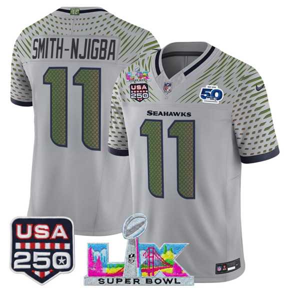 Men's Seattle Seahawks #11 Jaxon Smith-Njigba Gray 2025 F.U.S.E. Super Bowl LX & US 250th anniversary Patch And 50th Season Patch 'Rivalries' Vapor Limited Stitched Jersey,We sell and wholesale Men's Seattle Seahawks #11 Jaxon Smith-Njigba Gray 2025 F.U.S.E. Super Bowl LX & US 250th anniversary Patch And 50th Season Patch 'Rivalries' Vapor Limited Stitched Jersey on line form chian!
