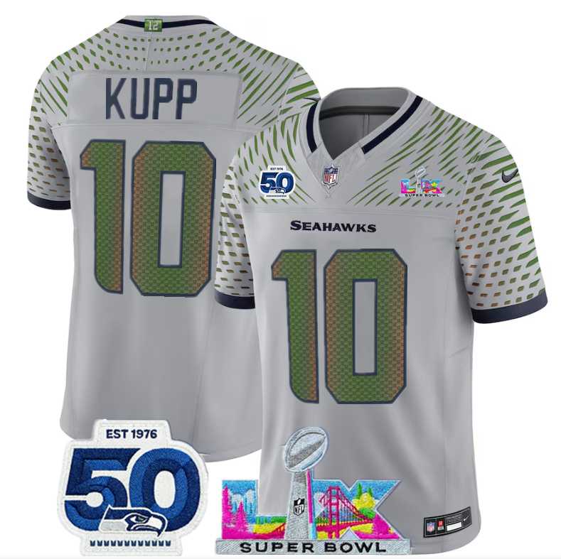 Men's Seattle Seahawks #10 Cooper Kupp Grey 2025 F.U.S.E. Super Bowl LX Patch And 50th Season Patch 'Rivalries' Vapor Limited Stitched Jersey,We sell and wholesale Men's Seattle Seahawks #10 Cooper Kupp Grey 2025 F.U.S.E. Super Bowl LX Patch And 50th Season Patch 'Rivalries' Vapor Limited Stitched Jersey on line form chian!