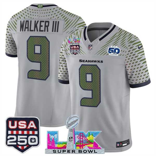 Men's Seattle Seahawks #9 Kenneth Walker III Gray 2025 F.U.S.E. Super Bowl LX & US 250th anniversary Patch And 50th Season Patch 'Rivalries' Vapor Limited Stitched Jersey,We sell and wholesale Men's Seattle Seahawks #9 Kenneth Walker III Gray 2025 F.U.S.E. Super Bowl LX & US 250th anniversary Patch And 50th Season Patch 'Rivalries' Vapor Limited Stitched Jersey on line form chian!