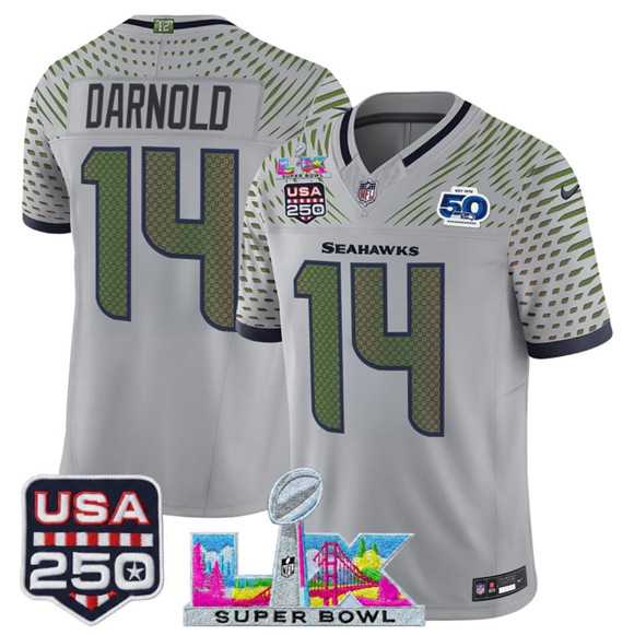 Men's Seattle Seahawks #14 Sam Darnold Gray 2025 F.U.S.E. Super Bowl LX & US 250th anniversary Patch And 50th Season Patch 'Rivalries' Vapor Limited Stitched Jersey,We sell and wholesale Men's Seattle Seahawks #14 Sam Darnold Gray 2025 F.U.S.E. Super Bowl LX & US 250th anniversary Patch And 50th Season Patch 'Rivalries' Vapor Limited Stitched Jersey on line form chian!