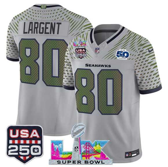 Men's Seattle Seahawks #80 Steve Largent Gray 2025 F.U.S.E. Super Bowl LX & US 250th anniversary Patch And 50th Season Patch 'Rivalries' Vapor Limited Stitched Jersey,We sell and wholesale Men's Seattle Seahawks #80 Steve Largent Gray 2025 F.U.S.E. Super Bowl LX & US 250th anniversary Patch And 50th Season Patch 'Rivalries' Vapor Limited Stitched Jersey on line form chian!