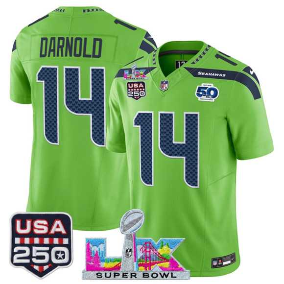 Men's Seattle Seahawks #14 Sam Darnold Green 2025 F.U.S.E. Super Bowl LX Patch And 50th Season & USA 250' Patch Vapor Limited Stitched Jersey,We sell and wholesale Men's Seattle Seahawks #14 Sam Darnold Green 2025 F.U.S.E. Super Bowl LX Patch And 50th Season & USA 250' Patch Vapor Limited Stitched Jersey on line form chian!