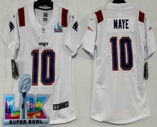 Women's New England Patriots #10 Drake Maye Limited White Super Bowl LX Vapor Jersey,We sell and wholesale Women's New England Patriots #10 Drake Maye Limited White Super Bowl LX Vapor Jersey on line form chian!
