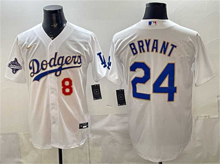 Men's Los Angeles Dodgers Front #8 Back #24 Kobe Bryant White Gold With 2025 World Series Champions Patch Stitched Jersey,We sell and wholesale Men's Los Angeles Dodgers Front #8 Back #24 Kobe Bryant White Gold With 2025 World Series Champions Patch Stitched Jersey on line form chian!