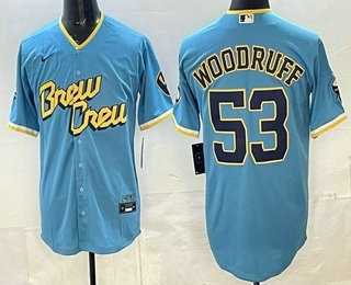 Men's Milwaukee Brewers #53 Brandon Woodruff Powder Blue 2022 City Connect Cool Base Jersey,We sell and wholesale Men's Milwaukee Brewers #53 Brandon Woodruff Powder Blue 2022 City Connect Cool Base Jersey on line form chian!