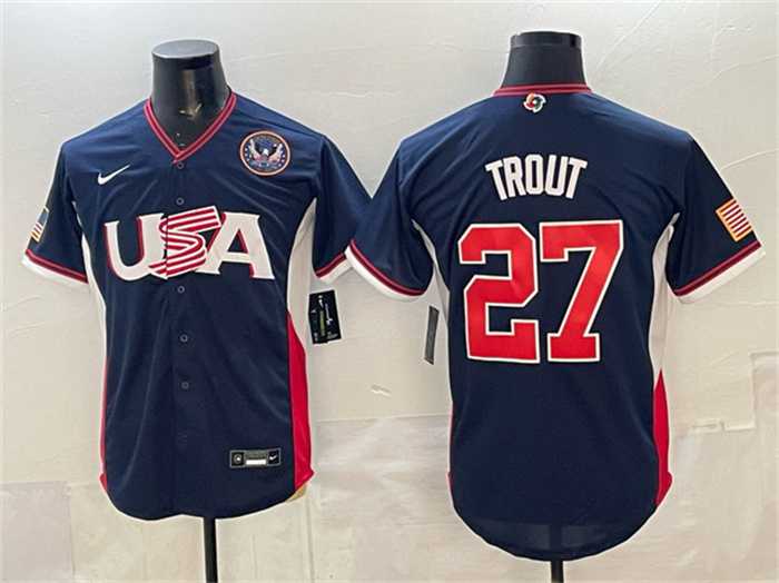 Men's USA Baseball #27 Mike Trout Navy 2026 World Baseball Classic United States 250th Anniversary Patch Road Stadium Stitched Jersey,We sell and wholesale Men's USA Baseball #27 Mike Trout Navy 2026 World Baseball Classic United States 250th Anniversary Patch Road Stadium Stitched Jersey on line form chian!