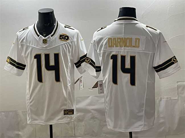 Men's Seattle Seahawks #14 Sam Darnold White Gold 2025 F.U.S.E. 50th Season Patch Vapor Limited Stitched Jersey,We sell and wholesale Men's Seattle Seahawks #14 Sam Darnold White Gold 2025 F.U.S.E. 50th Season Patch Vapor Limited Stitched Jersey on line form chian!