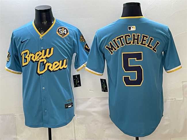 Men's Milwaukee Brewers #5 Garrett Mitchell Powder Blue City Connect With Home & Bob Uecker Patch Limited Stitched Jersey Dzhi,We sell and wholesale Men's Milwaukee Brewers #5 Garrett Mitchell Powder Blue City Connect With Home & Bob Uecker Patch Limited Stitched Jersey Dzhi on line form chian!