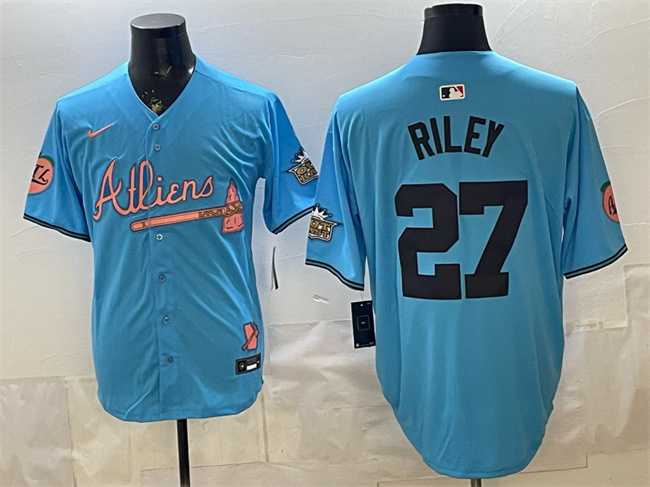 Men's Atlanta Braves #27 Austin Riley Blue 2024 Atliens & Peach With Outkast Patch Vapor Limited Stitched Jersey Dzhi,We sell and wholesale Men's Atlanta Braves #27 Austin Riley Blue 2024 Atliens & Peach With Outkast Patch Vapor Limited Stitched Jersey Dzhi on line form chian!