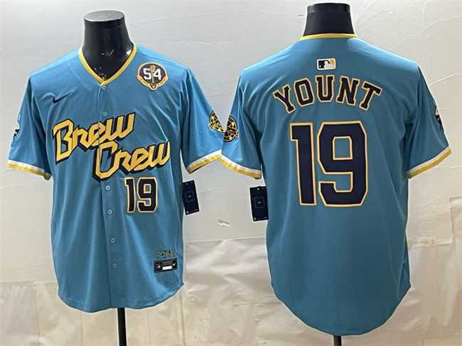 Men's Milwaukee Brewers #19 Robin Yount Powder Blue City Connect With Home & Bob Uecker Patch Limited Stitched Jersey,We sell and wholesale Men's Milwaukee Brewers #19 Robin Yount Powder Blue City Connect With Home & Bob Uecker Patch Limited Stitched Jersey on line form chian!