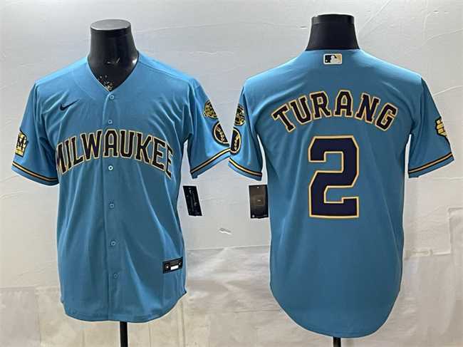 Men's Milwaukee Brewers #2 Brice Turang Blue With Home & Bob Uecker Patch Stitched Jersey,We sell and wholesale Men's Milwaukee Brewers #2 Brice Turang Blue With Home & Bob Uecker Patch Stitched Jersey on line form chian!