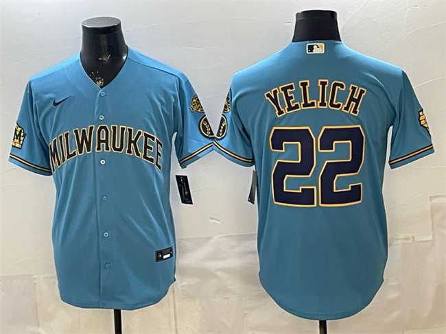Men's Milwaukee Brewers #22 Christian Yelich Blue With Home & Bob Uecker Patch Stitched Jersey,We sell and wholesale Men's Milwaukee Brewers #22 Christian Yelich Blue With Home & Bob Uecker Patch Stitched Jersey on line form chian!