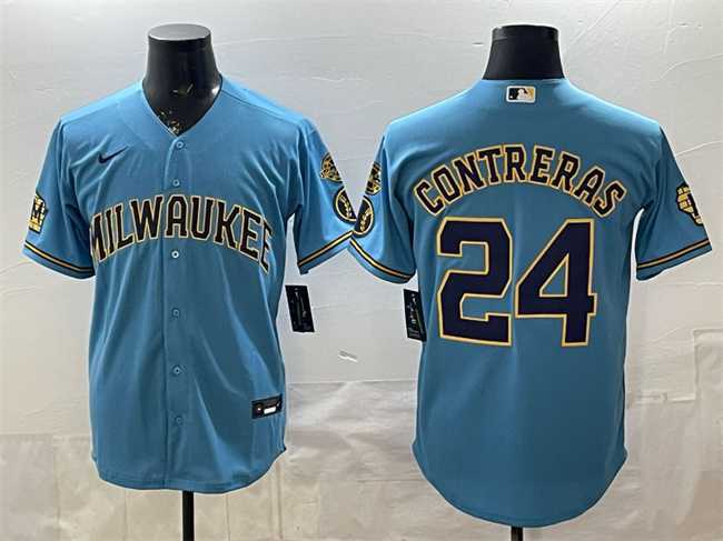 Men's Milwaukee Brewers #24 William Contreras Blue With Home & Bob Uecker Patch Stitched Jersey,We sell and wholesale Men's Milwaukee Brewers #24 William Contreras Blue With Home & Bob Uecker Patch Stitched Jersey on line form chian!