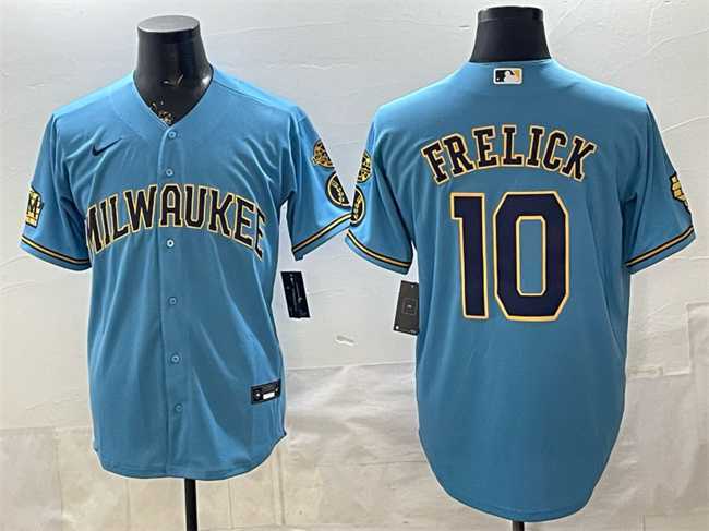 Men's Milwaukee Brewers #10 Sal Frelick Blue With Home & Bob Uecker Patch Stitched Jersey,We sell and wholesale Men's Milwaukee Brewers #10 Sal Frelick Blue With Home & Bob Uecker Patch Stitched Jersey on line form chian!