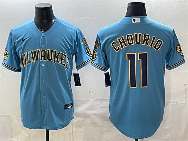 Men's Milwaukee Brewers #11 Jackson Chourio Blue With Home & Bob Uecker Patch Stitched Jersey,We sell and wholesale Men's Milwaukee Brewers #11 Jackson Chourio Blue With Home & Bob Uecker Patch Stitched Jersey on line form chian!