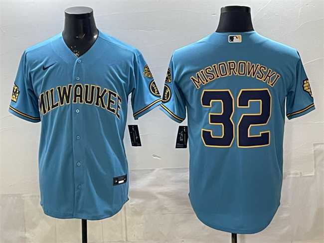 Men's Milwaukee Brewers #32 Jacob Misiorowski Blue With Home & Bob Uecker Patch Stitched Jersey,We sell and wholesale Men's Milwaukee Brewers #32 Jacob Misiorowski Blue With Home & Bob Uecker Patch Stitched Jersey on line form chian!
