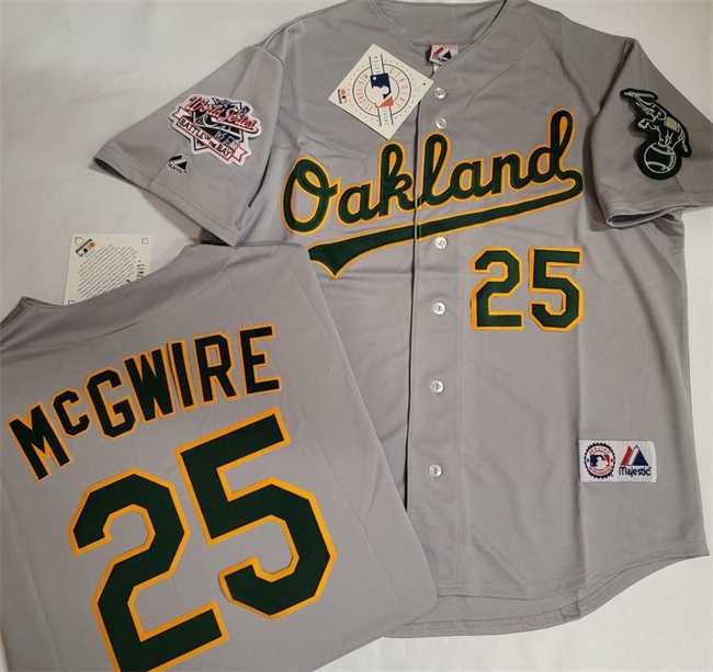 Men's Oakland Athletics #25 Mark McGwire Grey With Green Elephant & 1989 World Series Patch Battle of the Bay Stitched Jersey,We sell and wholesale Men's Oakland Athletics #25 Mark McGwire Grey With Green Elephant & 1989 World Series Patch Battle of the Bay Stitched Jersey on line form chian!